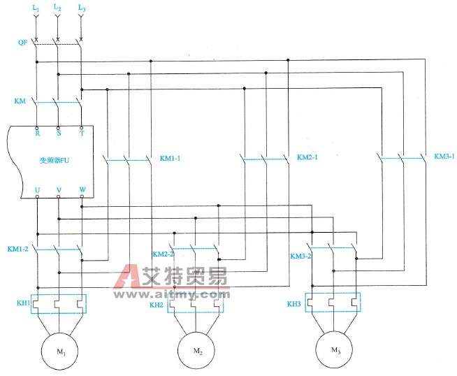 采用变频器调速实现多台水泵恒压供水的典型应用主电路