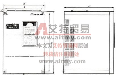 图1-44 SB8 0A/ B-2. 2T4～SB80 A／B-15T4变频器外形尺寸