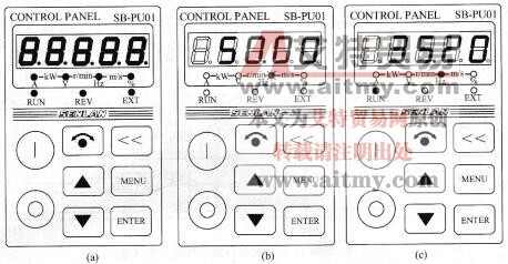 图1-61 SB80A/B变频器初始化、停机、运行状态显示图     (a)初始化；(b)停机；(c)运行