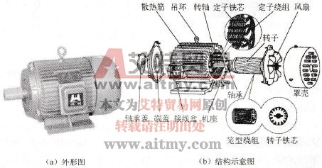 三相笼型异步电动机的外形及结构示意图