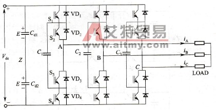 单相的飞跨电容三电平变换器的拓扑结构图