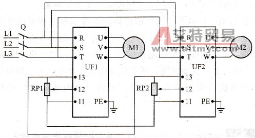 两台变频器同步控制两台电动机的线路之一