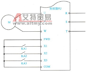 由变频器的三个输入端组成的电动机多挡转速控制电路