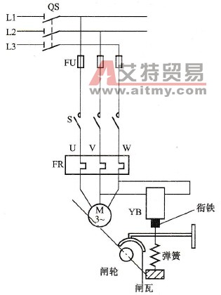  电磁抱闸断电制动控制电路