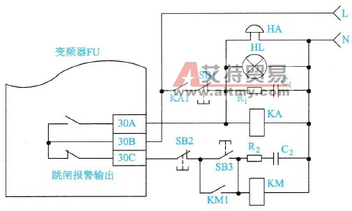 典型应用变频器报警控制信号输出端子的连接电路示意图