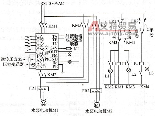 一拖二台泵自动恒压供水电路图
