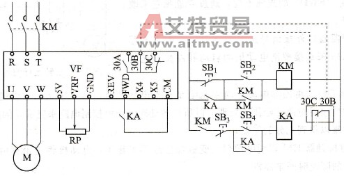  继电器控制变频器正转运行电路