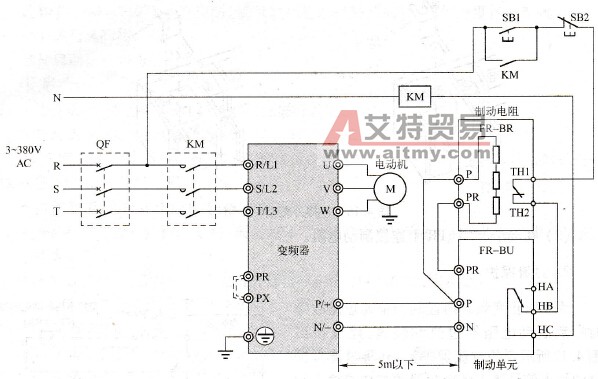 制动单元FR-BU与变频器、制动电阻的连接