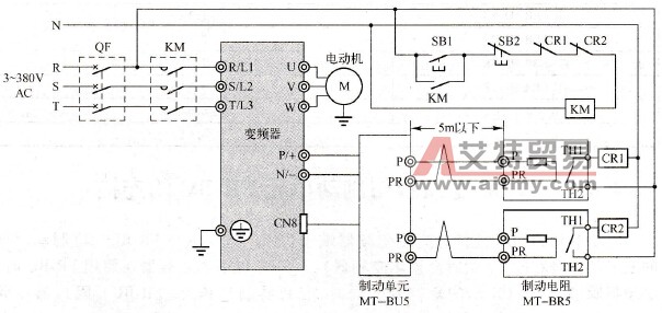 制动单元MT-BU5与变频器、制动电阻的连接