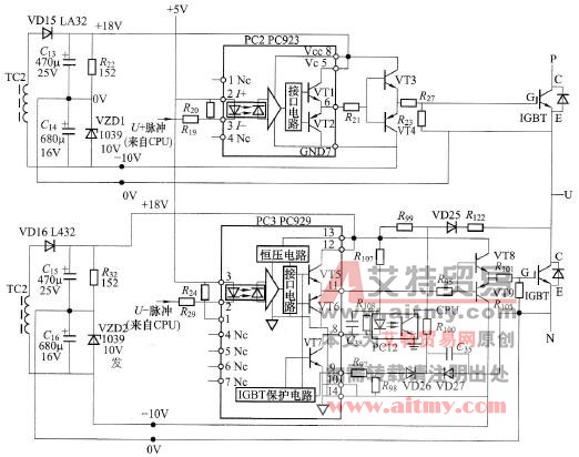 由PC923和IJC929构成的U相驱动电路