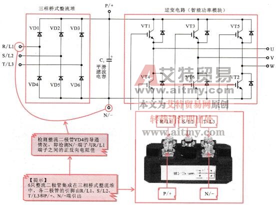 三相桥式整流堆检测示意图