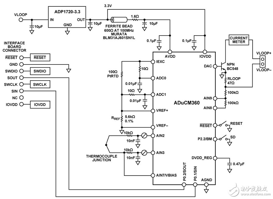 图1. 具有热电偶接口、用作温度监控器控制器的ADuCM360（原理示意图，未显示所有连接）