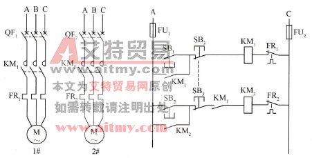 两台电机顺序启动、同时停车的控制电路和主电路图