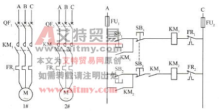 两台电机顺序启动、同时停车的控制电路和主电路图