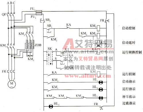 带有自耦降压变压器降压启动的电机控制电路和主电路图