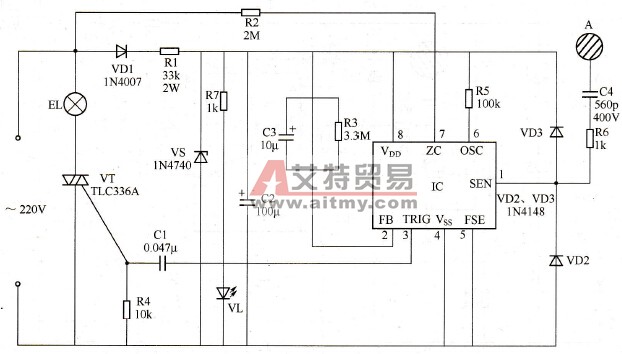采用HT7713四挡调光集成电路的触摸式调光灯电路