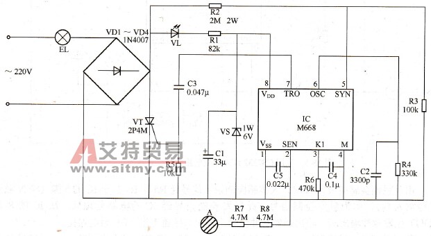 采用M668调光集成电路的触摸式调光灯电路