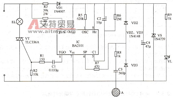 采用BA2101调光集成电路的触摸式调光灯电路