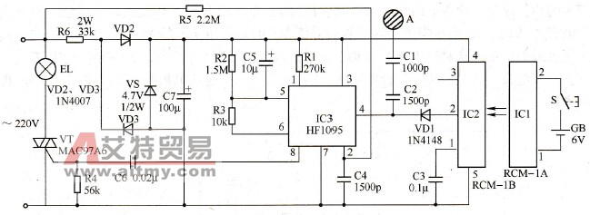 采用HF1095调光集成电路的无线遥控、触摸式调光灯电路