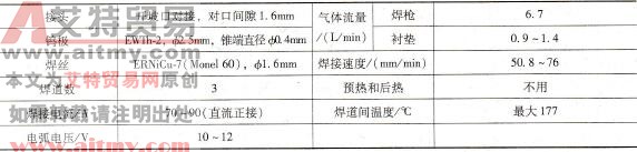 板厚为1.6mm Mo<em></em>nel 400自动TIG焊焊接参数