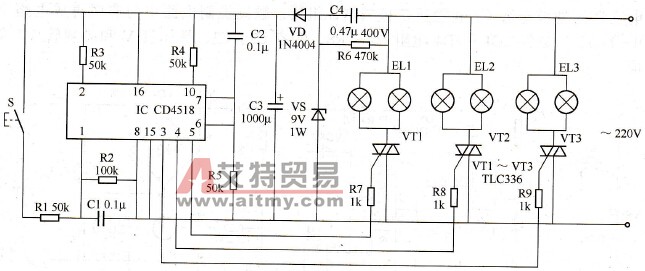 采用CD4518计数器的吊灯控制开关电路