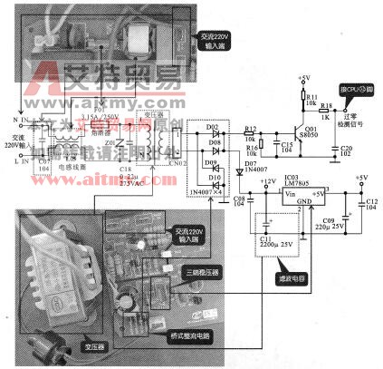图5-8海信KFR-35GW/06ABP变频空调器的室内机电源电路结构及其电路图对应关系