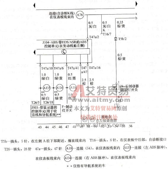 带EDS/ASR控制单元、手制动器指示灯开关自诊断接口电路图