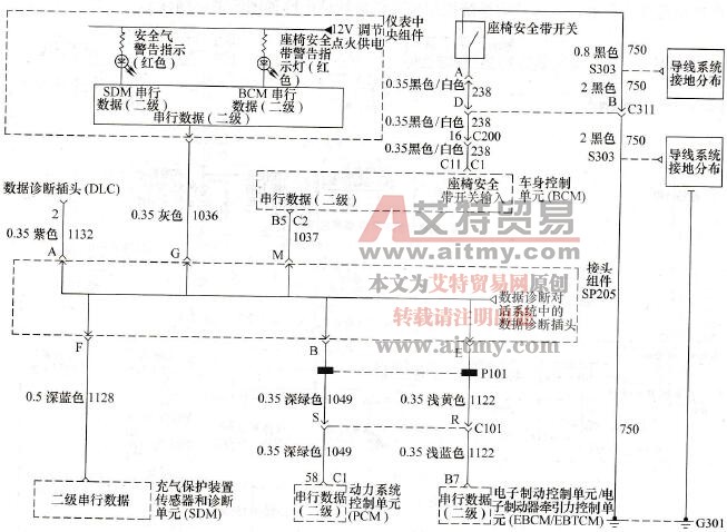 君威G(2.5L)轿车车身控制单元与仪表之间二级串行驶数据通信电路