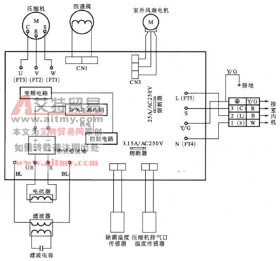 海尔KFR-26GW/(BP)变频空调器的室外机接线图