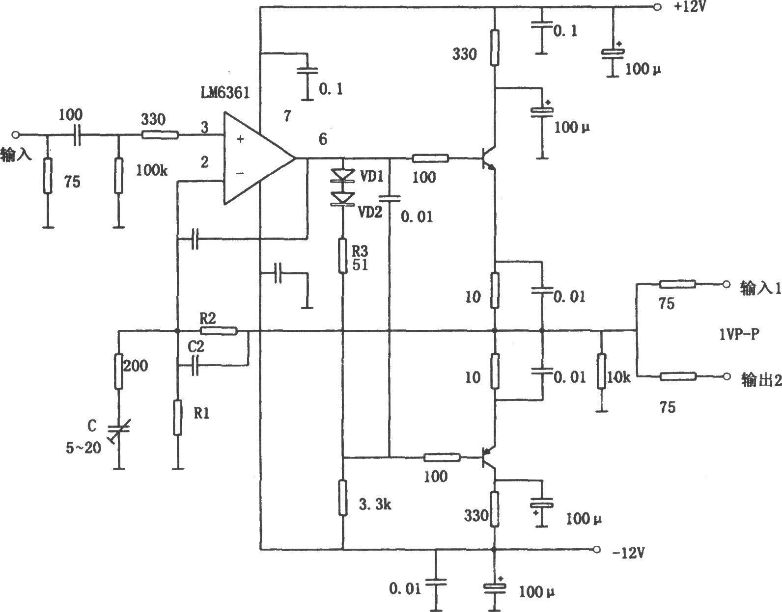 LM6361构成的用于容性负载的宽带驱动器  