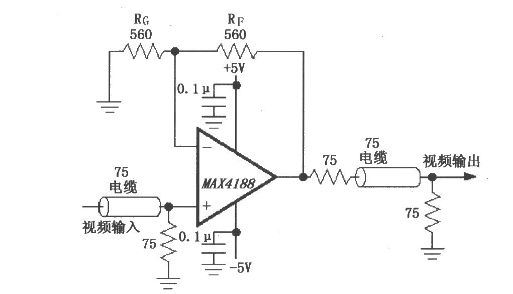 由MAX4188构成的视频线驱动放大器电路