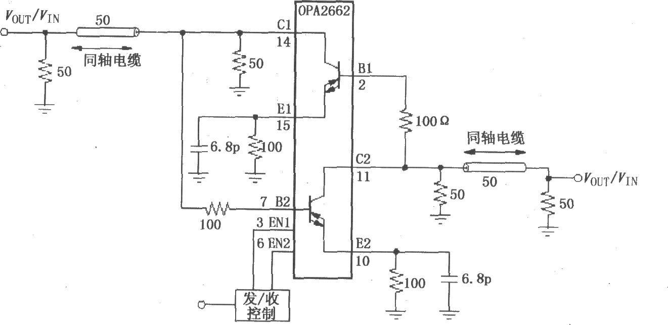 由双宽带跨导型运算放大器OPA2662构成的双向线驱