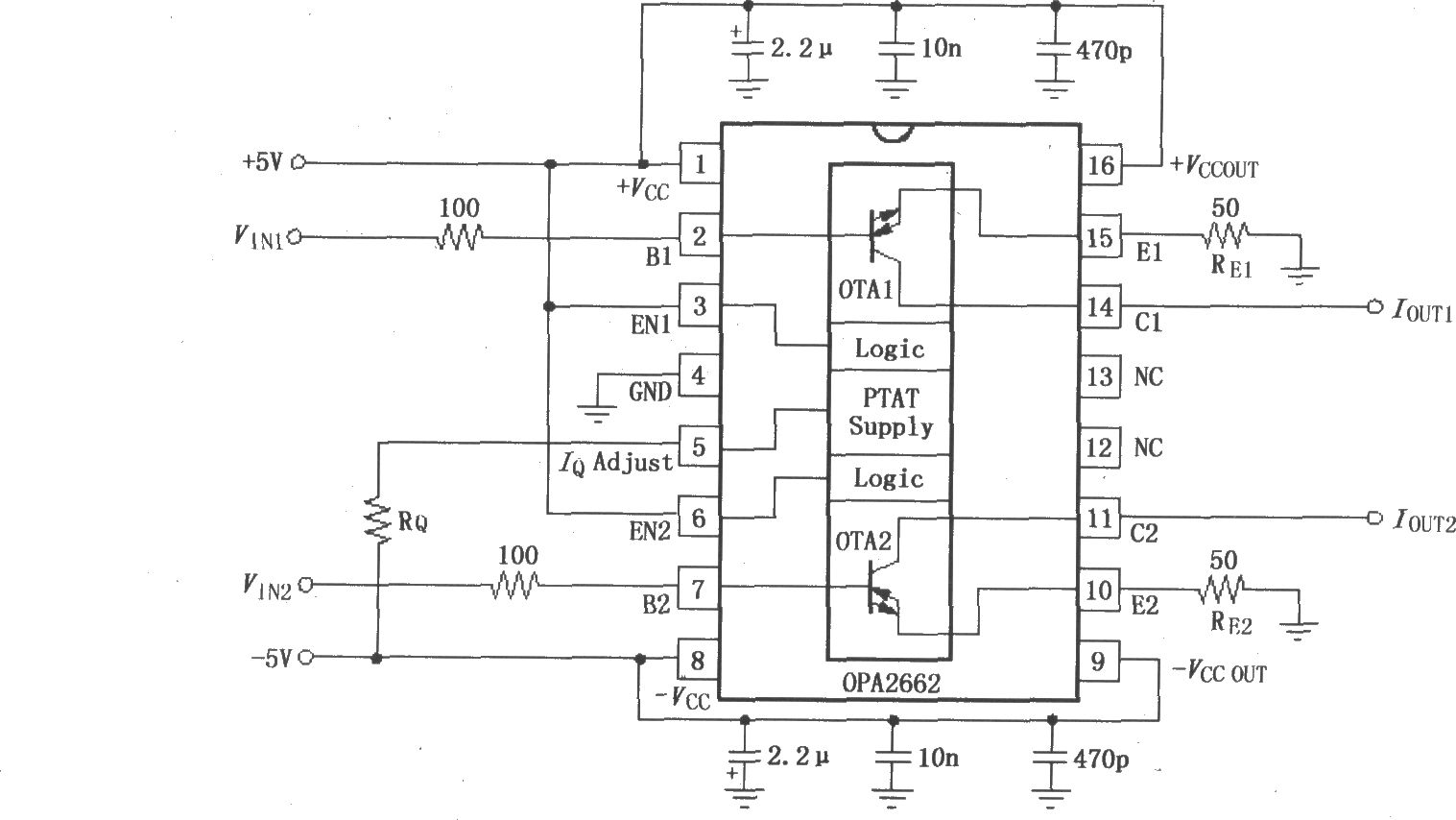 双宽带跨导型运算放大器OPA2662的信号和电源的基本连接电路