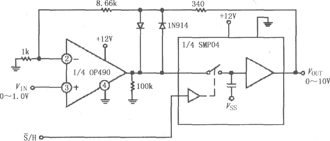 由SMP04与运放构成的增益为10的采样保持放大电路