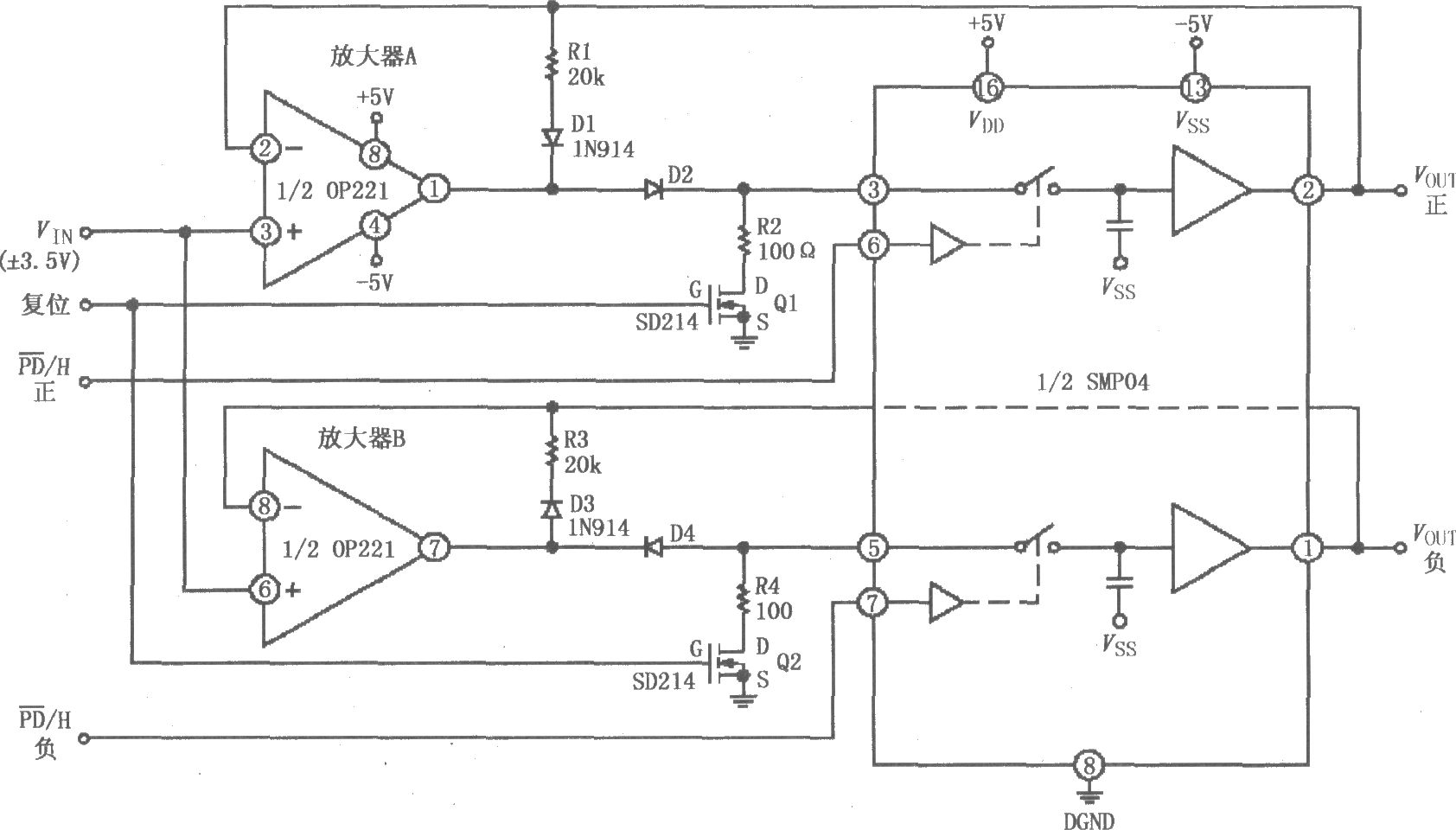 由SMP04与运放构成的具有保持控制的正、负峰值检波电路