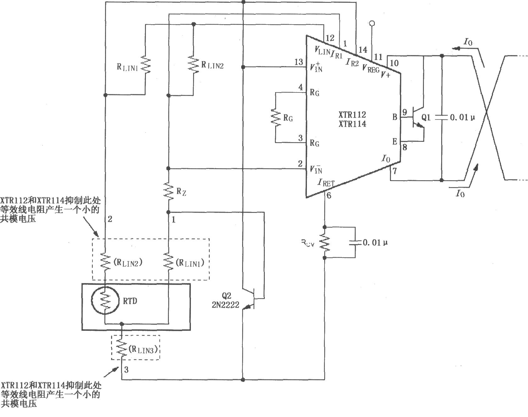 XTR112/114三线远程电阻式热探测器连接电路