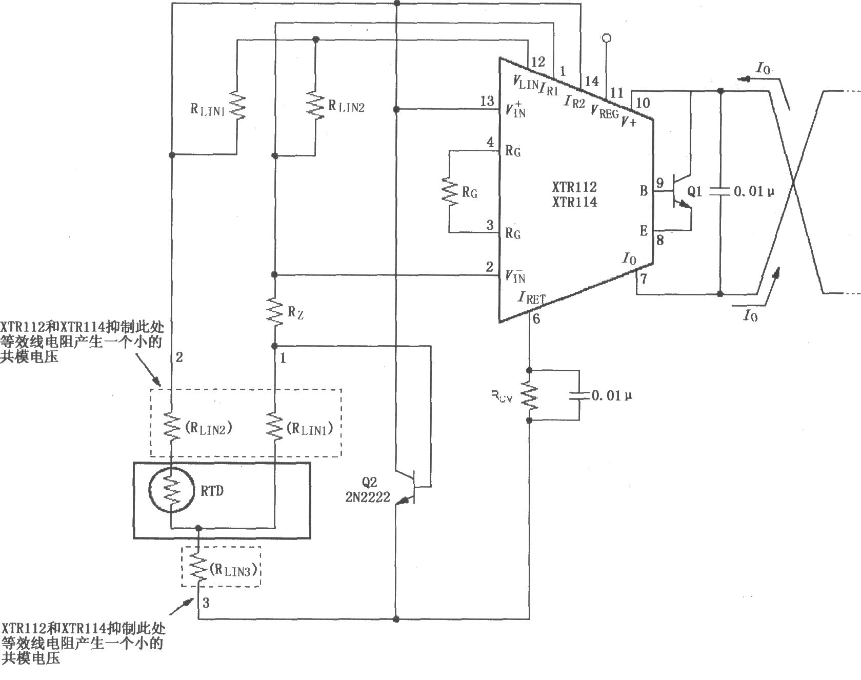 XTR112/114三线远程电阻式热探测器连接电路