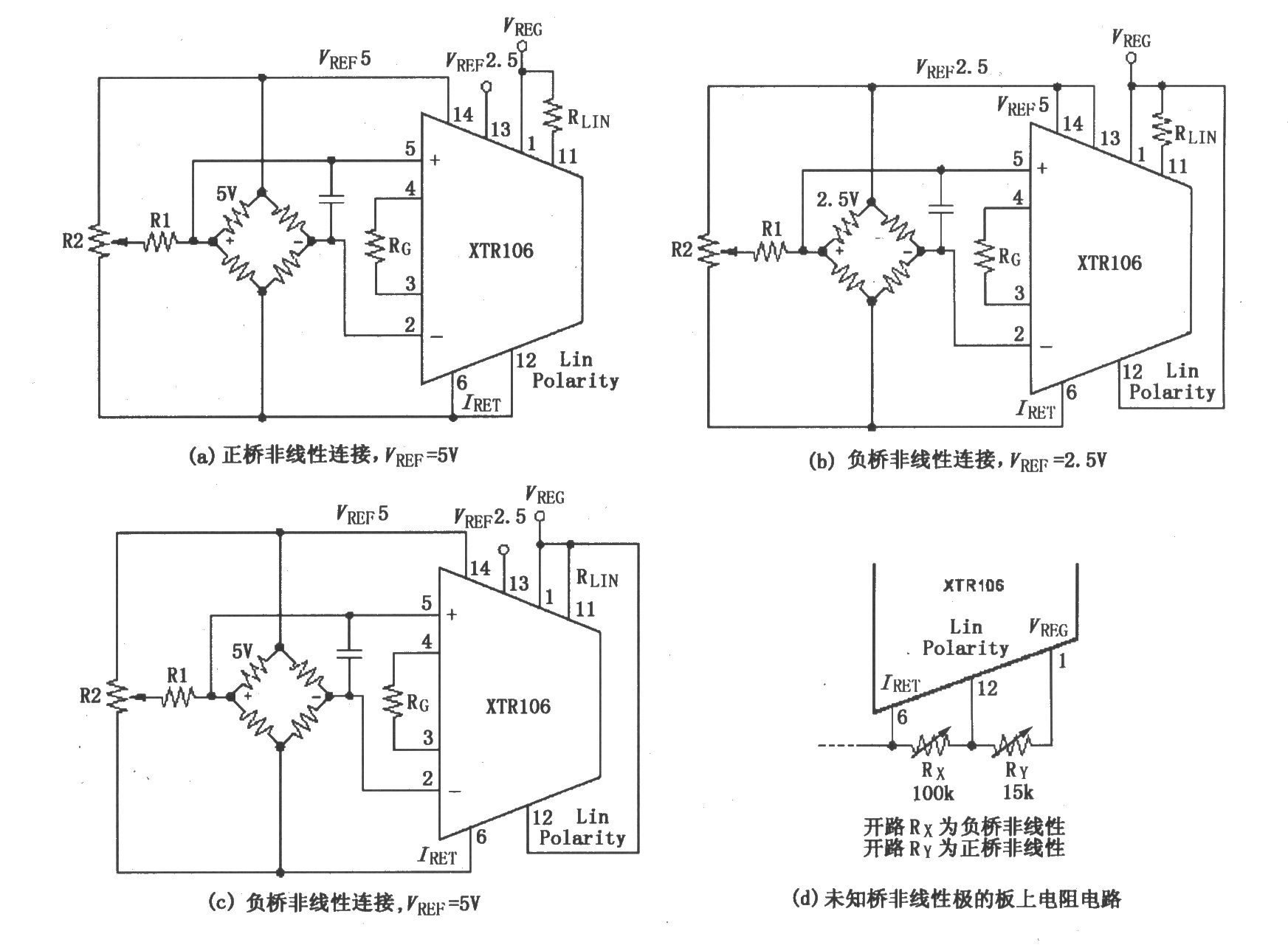 XTR106校正正(或负)电桥非线性的连接电路