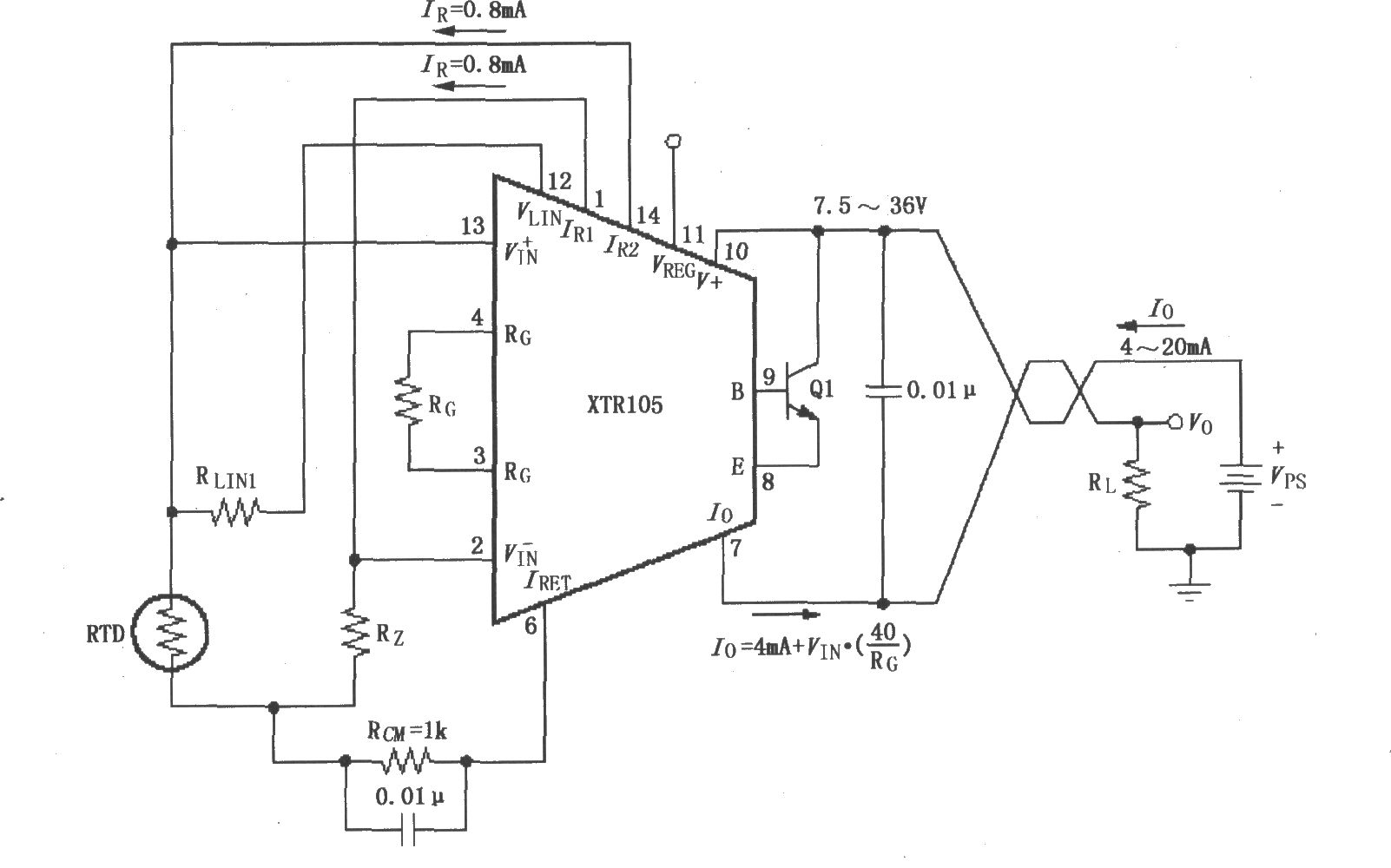 具有线性化的两线RTD温度测量电路(XTR105)
