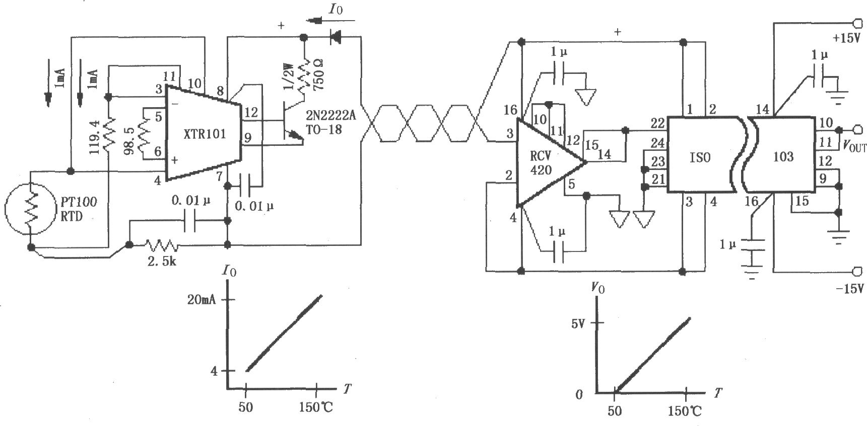 由ISO103与XTRl01构成的隔离式4～20mA仪器环路电路