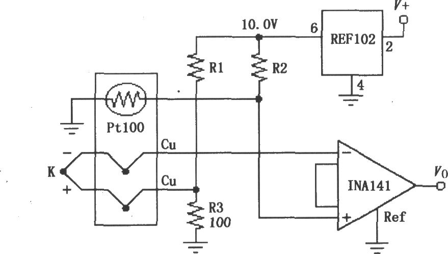 由INA141构成具有冷端补偿的热电偶放大电路