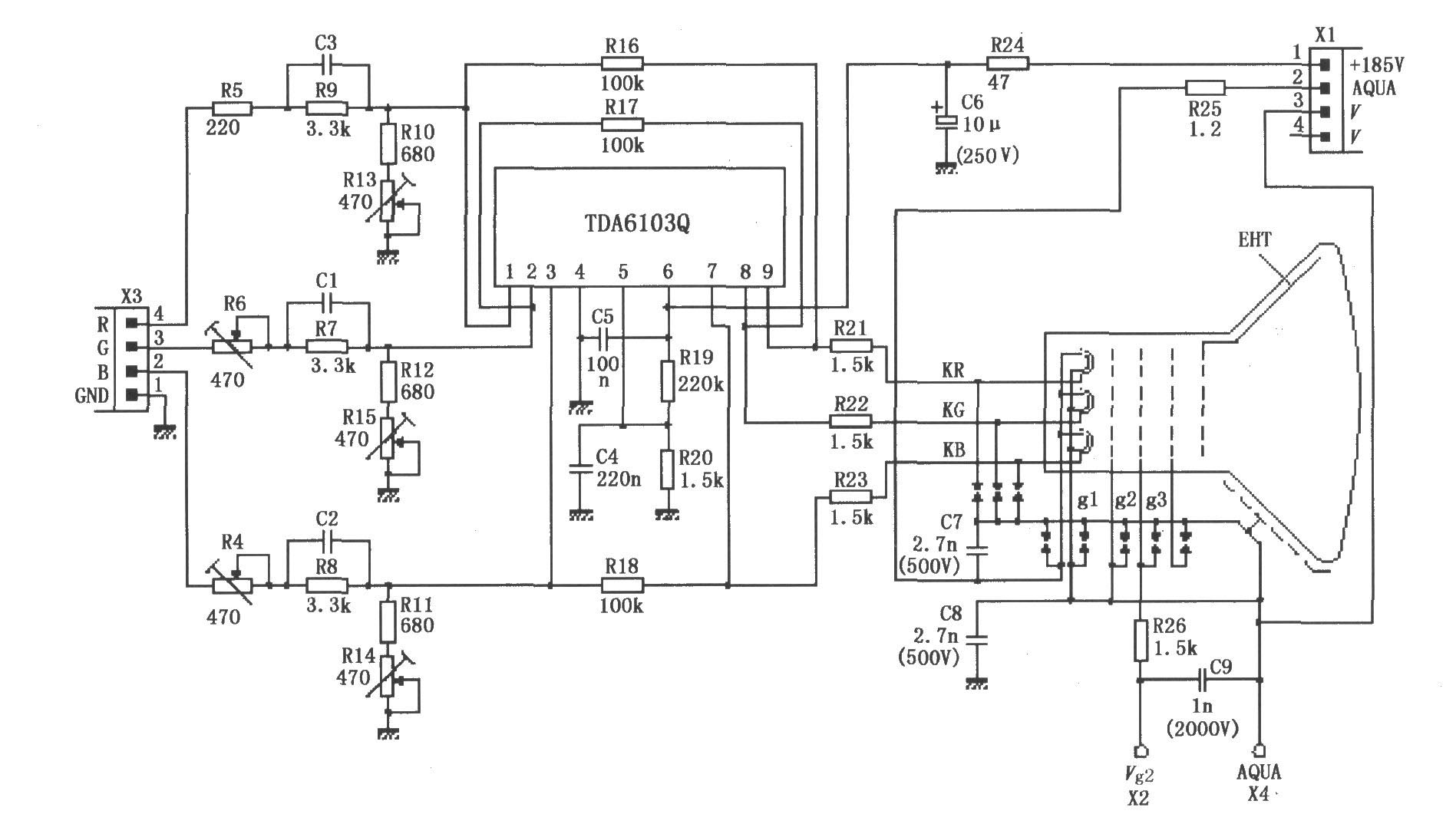 由TDA6103Q与彩色显像管构成的实际应用电路