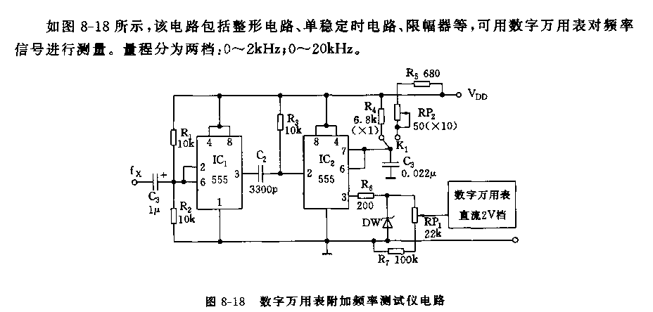 555数字万用表附加频率测试仪电路