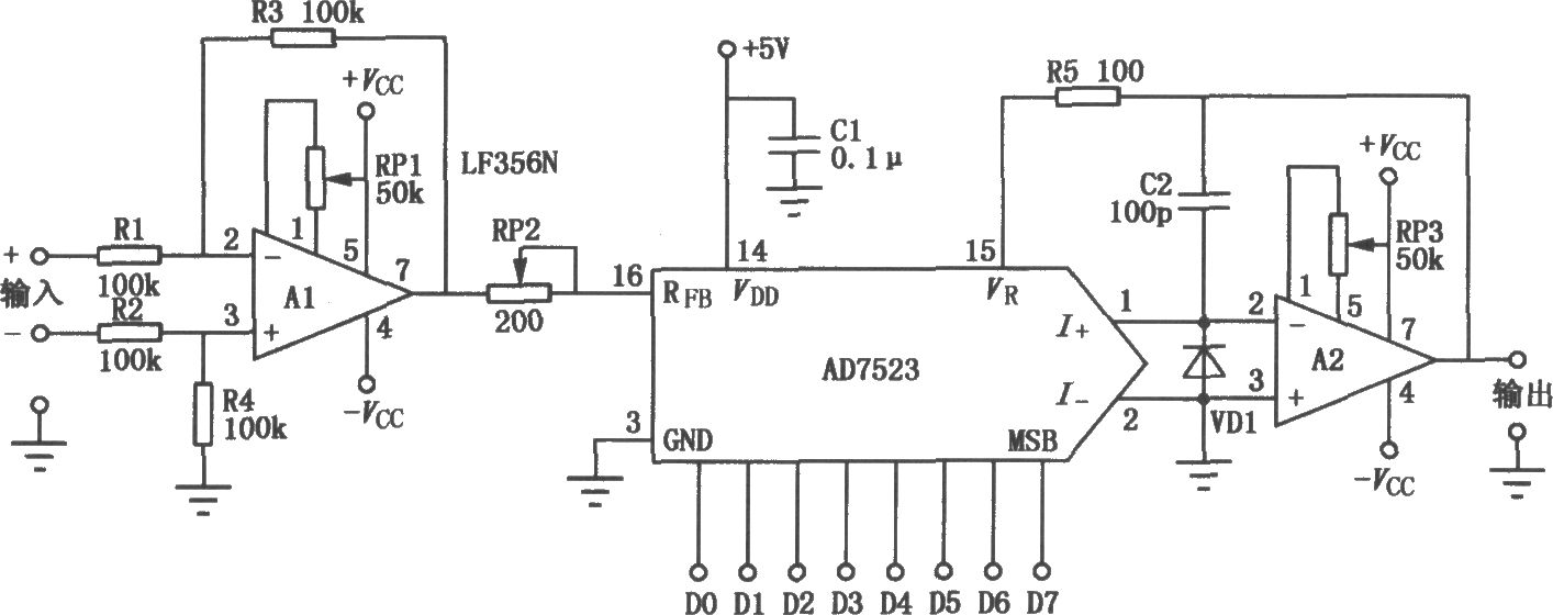 AD7523构成的可编程增益放大电路