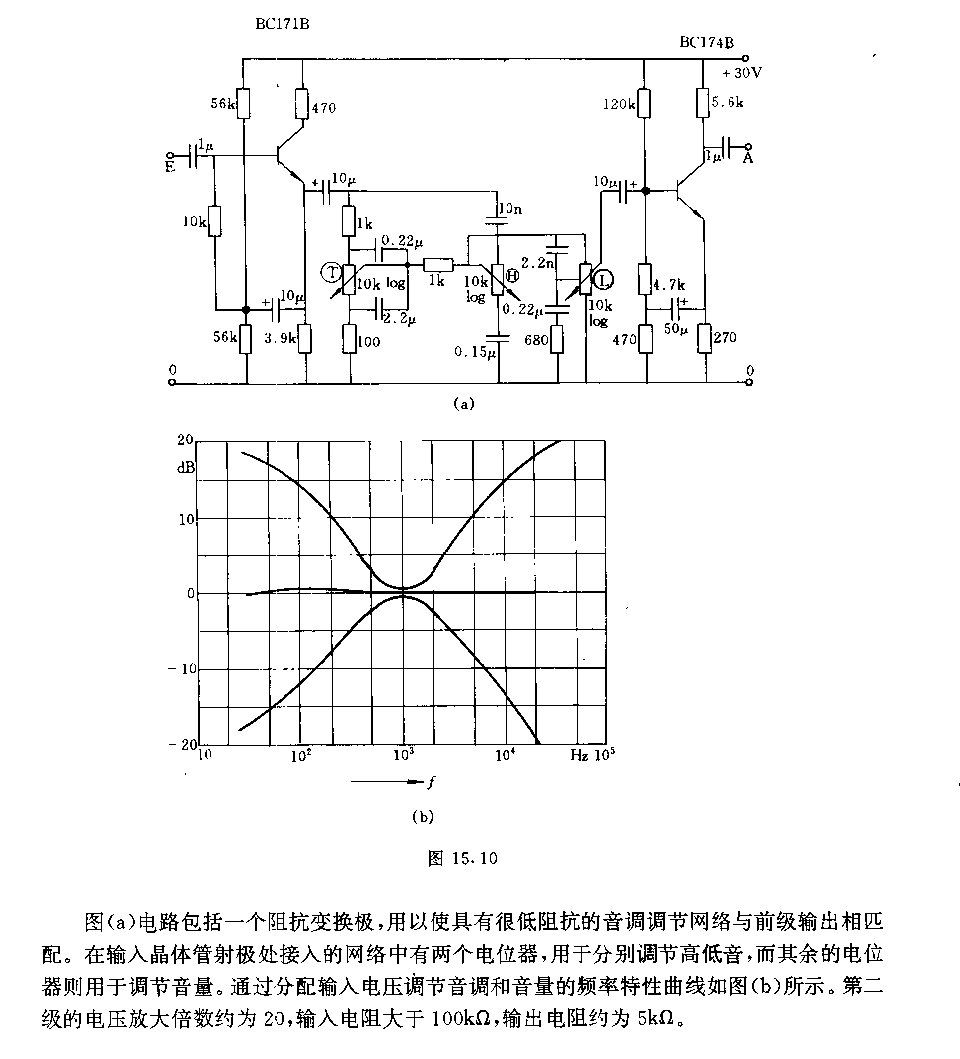 带有音调和音量调节的低频放大器电路