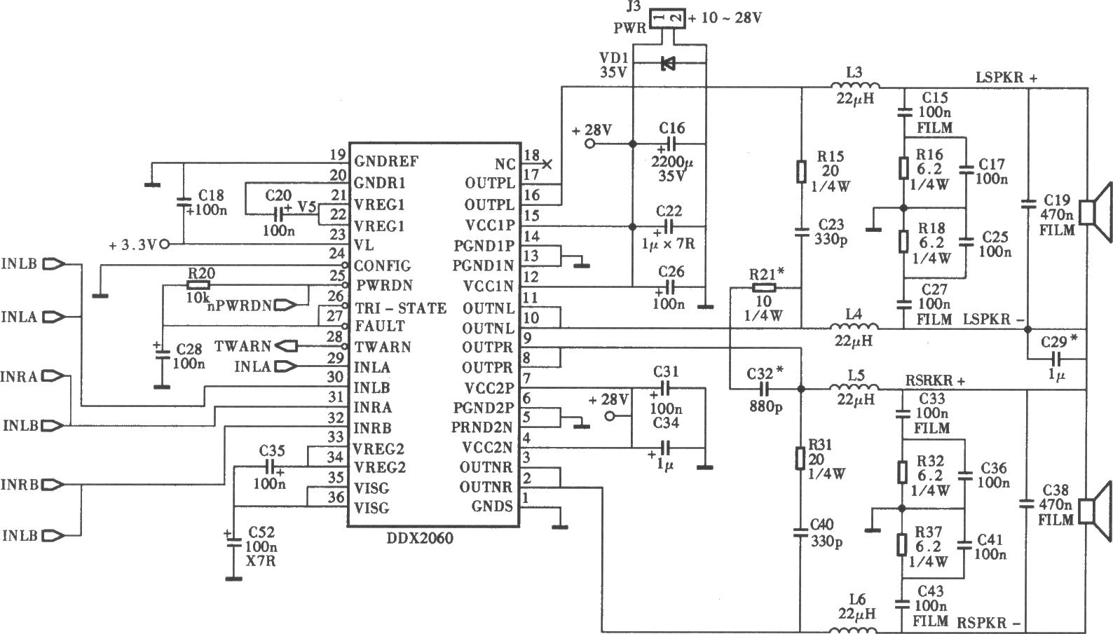 采用DDX2026D35W×2D类功放电路