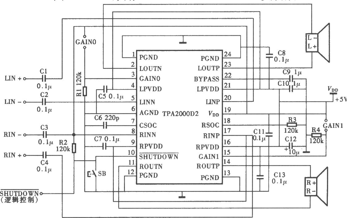 采用TPA2000D22WD类功放电路