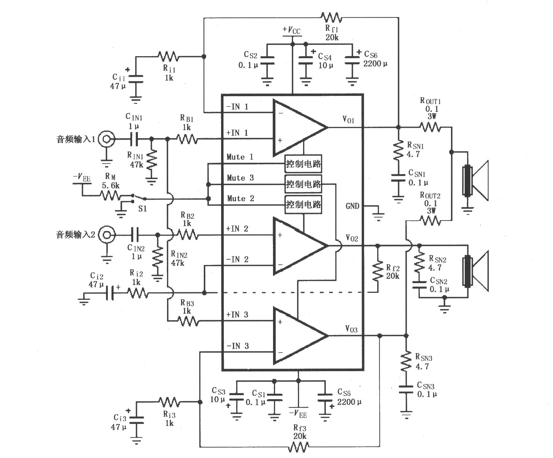 LM4780用于并联输出的音频功率放大电路