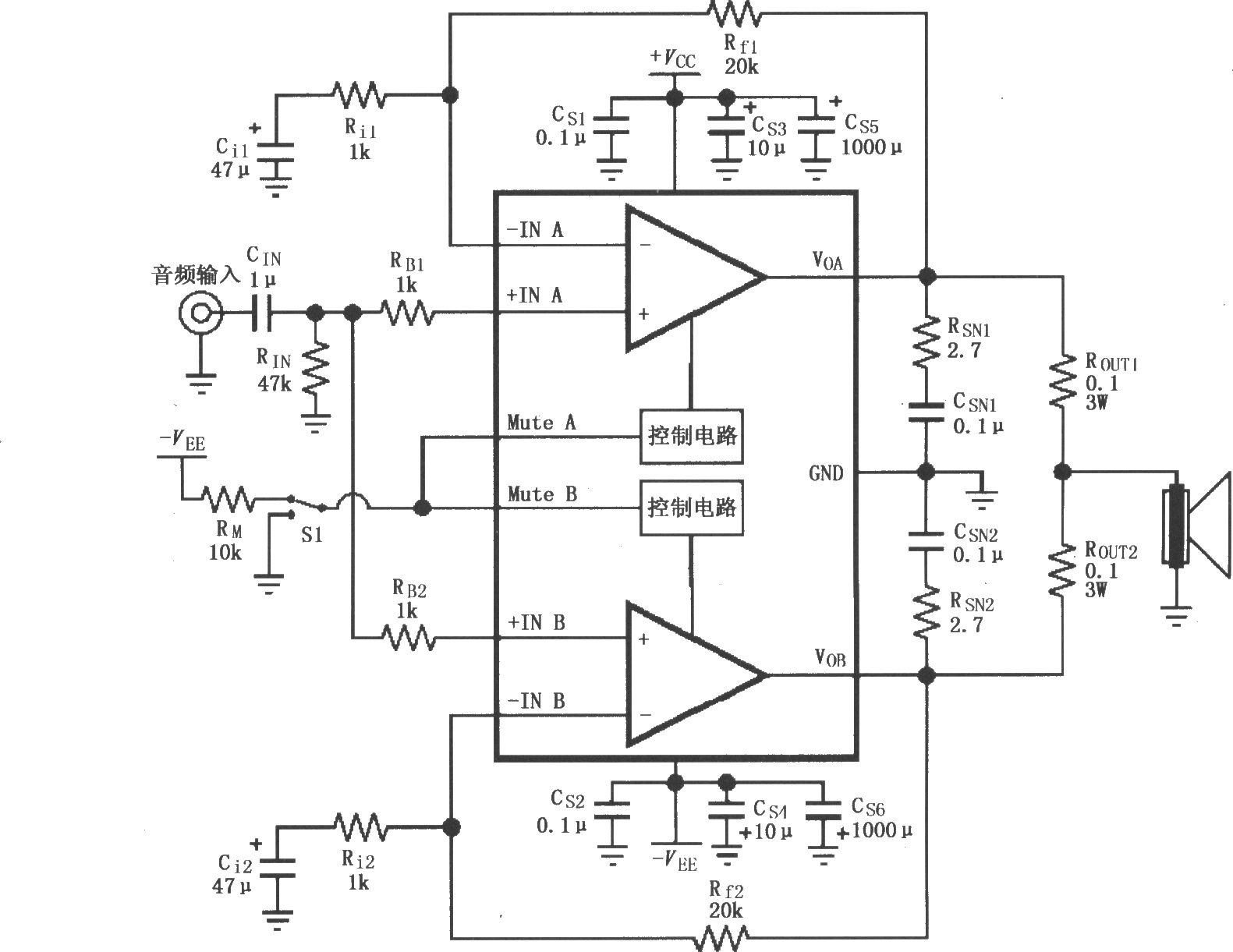 LM4780用于并联输出音频功率放大器
