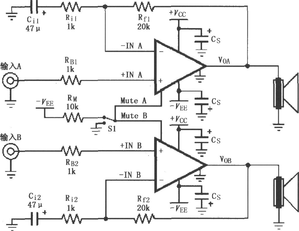 LM4780双电源供电的音频功率放大电路